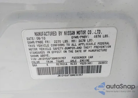 2011 Infiniti G25 Journey z USA, uszkodzony, nr VIN JN1DV6AP3BM830357